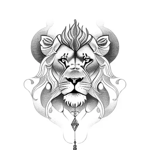 A tattoo of a lion wearing a Leo and Libra zodiac necklace while tattooing itself tattoo design idea