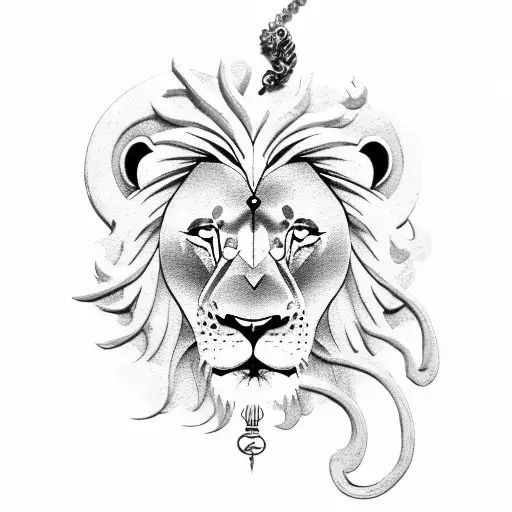 a lion wearing a Leo and Libra zodiac necklace tattooing itself tattoo design idea