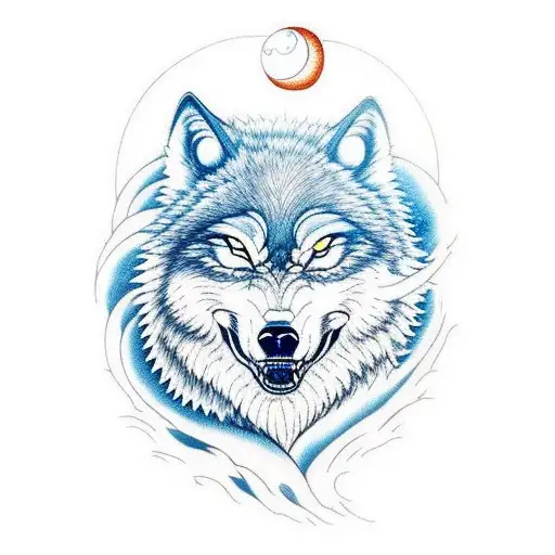 A fierce wolf howling at the moon in the Alaskan wilderness tattoo design idea