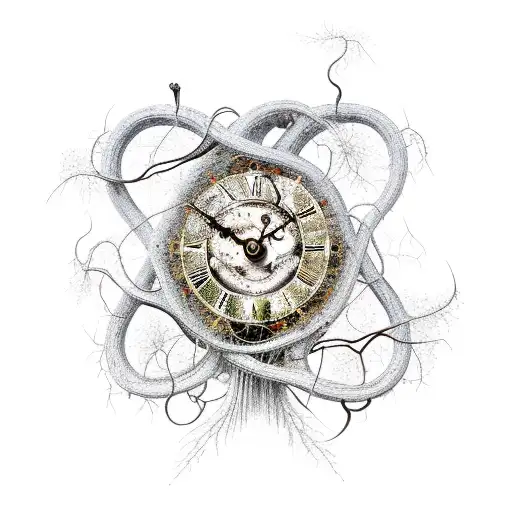 A Salvador Dali clock tangled in vines, symbolizing the passage of time and the beauty of decay tattoo design idea