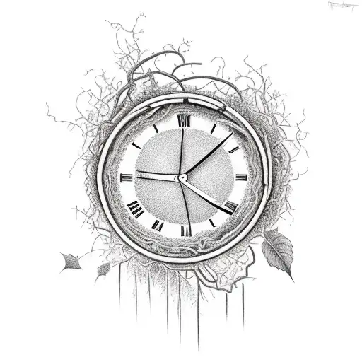 A broken clock tangled in vines, symbolizing the passage of time and the beauty of decay tattoo design idea