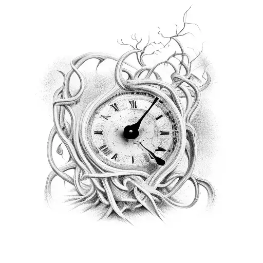A Salvador Dali clock tangled in vines, symbolizing the passage of time and the beauty of decay tattoo design idea