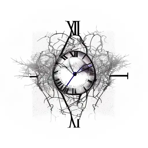 Surrealism "A Broken Clock Tangled In Vines,..." Tattoo Idea BlackInk AI