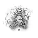 A Dali broken clock tangled in vines, symbolizing the passage of time and the beauty of decay tattoo design idea