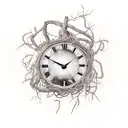 A broken clock tangled in vines, symbolizing the passage of time and the beauty of decay tattoo design idea