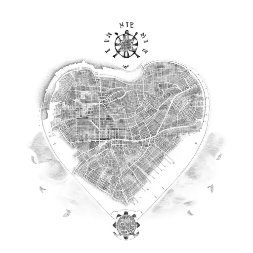 map of Manchester in United Kingdom with loveheart, bone and house  tattoo design idea