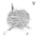 map of Manchester in United Kingdom with loveheart, bone and house  tattoo design idea