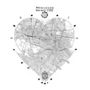 map of Manchester in United Kingdom with loveheart, bone and house  tattoo design idea