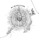 map of Manchester in United Kingdom with loveheart, bone and house  tattoo design idea