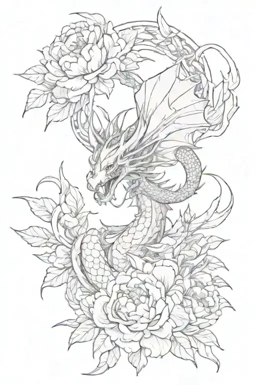 Anime Dragon flying upside down surrounded by peonies tattoo design idea