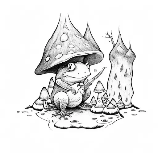 wizard sitting in a forest on a log with mushrooms growing around him and a frog companion  tattoo design idea