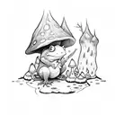 wizard sitting in a forest on a log with mushrooms growing around him and a frog companion  tattoo design idea