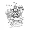 wizard sitting in a forest on a log with mushrooms growing around him and a frog companion  tattoo design idea