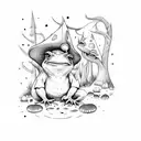 wizard sitting in a forest on a log with mushrooms growing around him and a frog companion  tattoo design idea