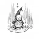 wizard sitting in a forest on a log with mushrooms growing around him and a frog companion  tattoo design idea
