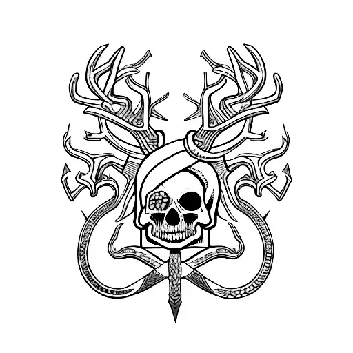  a garland of skulls and a serpent around his neck and carries in his two (sometimes four) hands a deerskin, a trident,  tattoo design idea