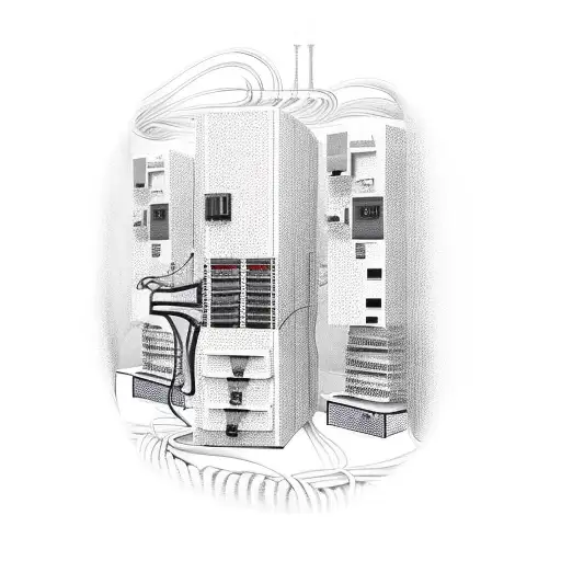 A realistic depiction of a server room with cables forming the shape of an OSI model diagram tattoo design idea