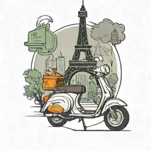 e-scooter in front of the Eiffel tower and the following text in a circle around it: "it's totally my fault" tattoo design idea