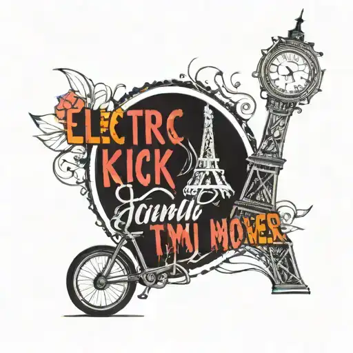 electric kick-bike in front of the Eiffel tower and the following text in a circle around it: "it's totally my fault" tattoo design idea