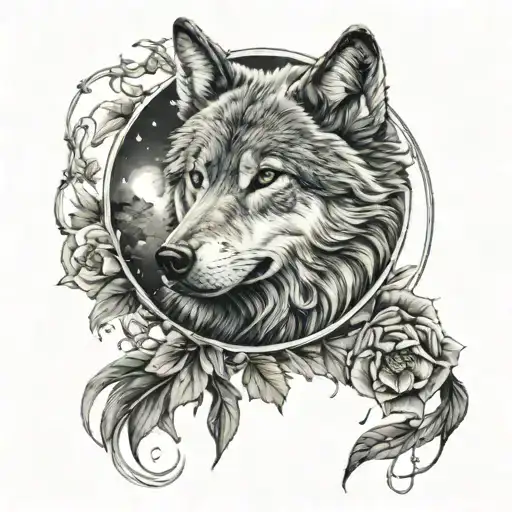 Wolf moon flower intertwined tattoo design idea
