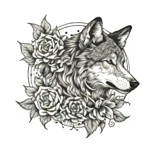 Wolf moon flower intertwined tattoo design idea