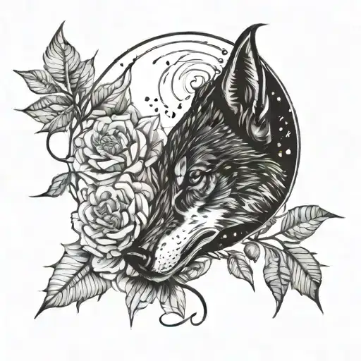 Moon wolf flowers intertwined tattoo design idea