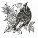 Moon wolf flowers intertwined tattoo design idea