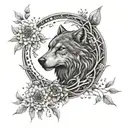 Moon wolf flowers intertwined tattoo design idea