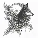 Moon wolf flowers intertwined tattoo design idea