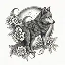 Moon wolf flowers intertwined tattoo design idea