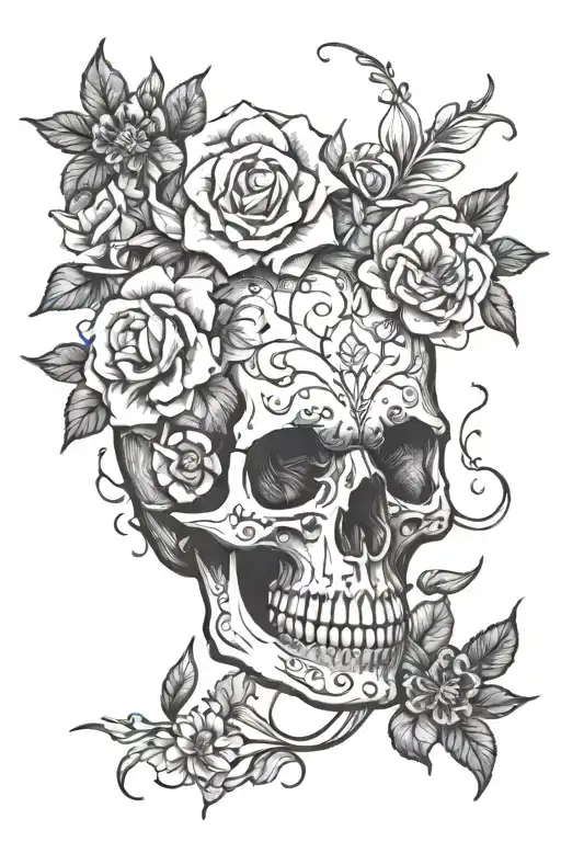 skull and flowers intertwined tattoo design idea