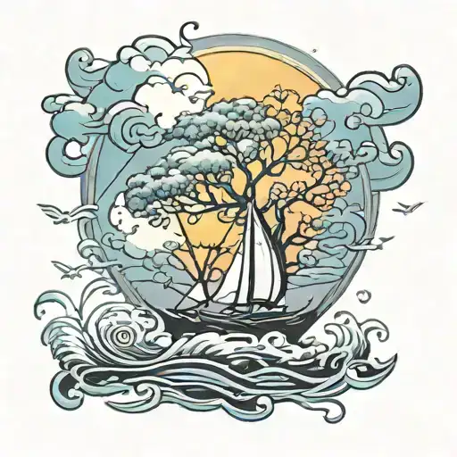 tree of life with a sailboat  in the storm tattoo design idea