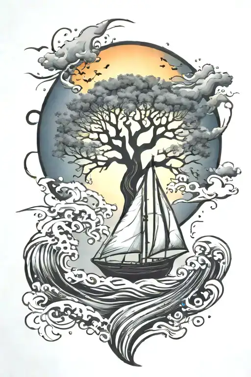 tree of life with a sailboat  in the storm and a wave   tattoo design idea