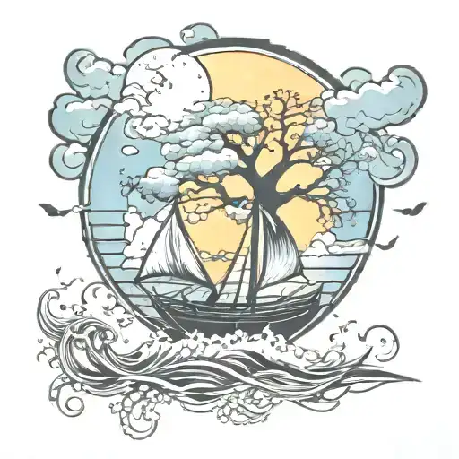 tree of life with a sailboat  in the storm tattoo design idea