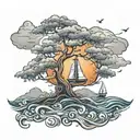 tree of life with a sailboat  in the storm tattoo design idea