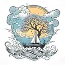 tree of life with a sailboat  in the storm tattoo design idea