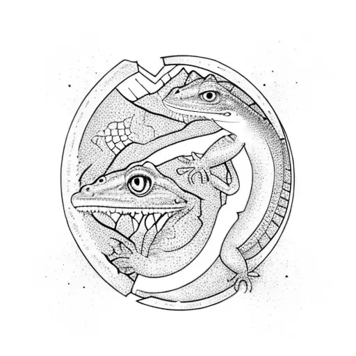 lizard going through a portal. Half of lizard through the portal is full black. The other half of lizard is colorful tattoo design idea