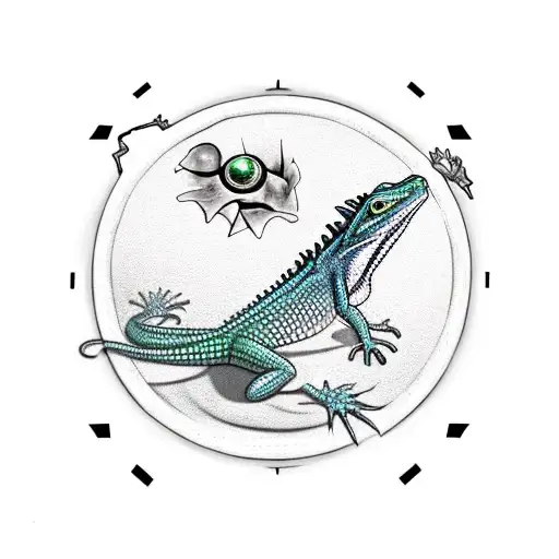 lizard going through a portal. Half of lizard through the portal is full black. The other half of lizard is colorful tattoo design idea