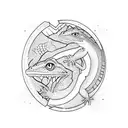 lizard going through a portal. Half of lizard through the portal is full black. The other half of lizard is colorful tattoo design idea