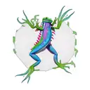 lizard going through a portal. Half of lizard through the portal is full black. The other half of lizard is colorful tattoo design idea