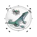 lizard going through a portal. Half of lizard through the portal is full black. The other half of lizard is colorful tattoo design idea