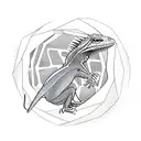 lizard going through a portal. Half of lizard through the portal is full black. The other half of lizard is colorful tattoo design idea