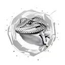 lizard going through a portal. Half of lizard through the portal is full black. The other half of lizard is colorful tattoo design idea