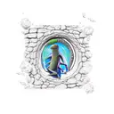 lizard going through a portal. Half of lizard through the portal is full black. The other half of lizard is colorful tattoo design idea