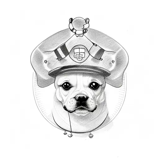 A sketch-style tattoo of a dog wearing a Swiss hat surrounded by cat paw prints tattoo design idea