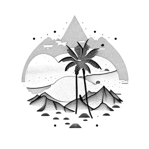 A dotwork tattoo of a mountain range with a palm tree silhouette in the foreground tattoo design idea