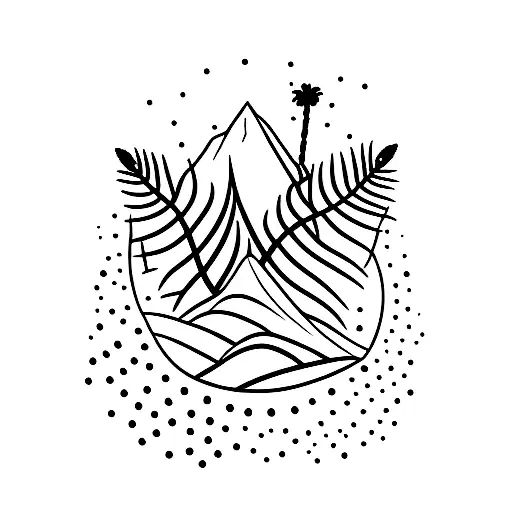 A dotwork tattoo of a mountain range with a palm tree silhouette in the foreground tattoo design idea