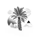 A dotwork tattoo of a mountain range with a palm tree silhouette in the foreground tattoo design idea