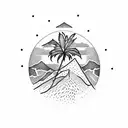 A dotwork tattoo of a mountain range with a palm tree silhouette in the foreground tattoo design idea