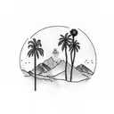 A dotwork tattoo of a mountain range with a palm tree silhouette in the foreground tattoo design idea